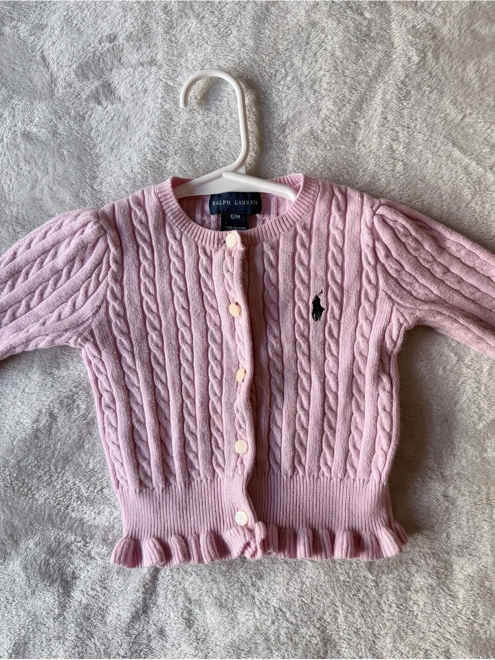 Ralph Lauren Pink Cable-Knit Baby Cardigan with Pony
